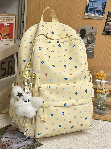 Women Japanese Style Star Print Backpack Large Capacity Nylon Student School Bag With Plush Pendant Casual Travel Rucksack