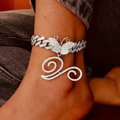 Hip Hop Strass Schmetterling Anfangsbuchstabe Anhänger Panzerkette Fußkettchen Fußschmuck Für Damen Herren Silber