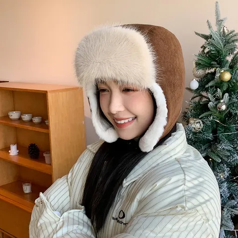 Women's Winter Warm Trapper Hat Windproof Ear Flaps Lei Feng Hat Plush Lined Cycling Bomber Hat Corduroy Thermal Snow Cap