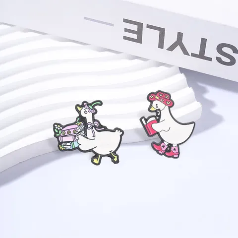 Cartoon Reading Big White Goose Enamel Brooch Pin Fun Animal Metal Badge With Pink Hat Star Boots For Clothing Decor Jewelry Gift