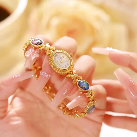 BS Bee Sister Reloj de Pulsera para Mujer FA1920 Aleación Concha de Abulón Diamante de Imitación Incrustado Retro Lujo Reloj de Cuarzo Regalo