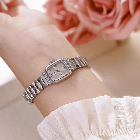 Reloj de Cuarzo Cuadrado Retro para Mujer Bee Sister Caja de Aleación de Strass Correa de Acero Inoxidable Elegante