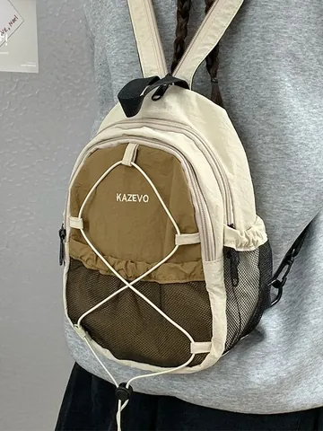 Mochila Casual para Mujer Estilo Coreano Retro Bolsa de Deportes al Aire Libre Gran Capacidad Poliéster Bloque de Color Bolsillo de Malla