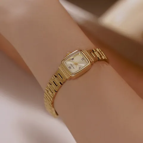 Reloj de Cuarzo Rectangular Vintage para Mujer Lujo Aleación de Zinc Diamantes de Imitación con Números Romanos Dorado Plata