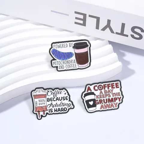 Funny Coffee Letter Enamel Pin Mitochondria Infusion Bag Coffee Cup Brooch Badge Zinc Alloy Personality Jewelry Gift For Women Men