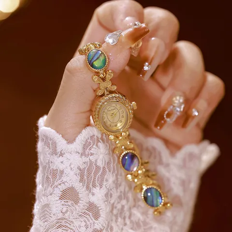 Reloj de Pulsera de Aleación con Incrustaciones de Concha de Abulón para Mujer Elegante Vintage Reloj de Cuarzo con Diamantes de Imitación Oro Plata Reloj Joya