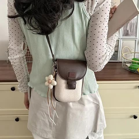 Casual PU Leather Square Shoulder Bag For Women Vintage Color Block Crossbody Mini Phone Purse With Flower Charm Accent