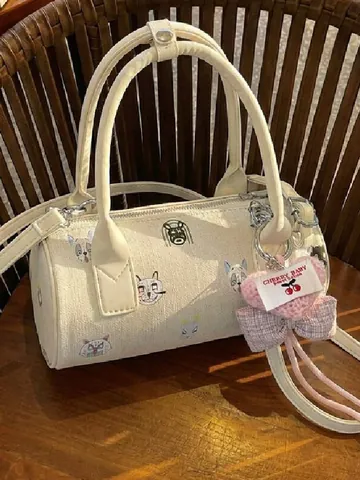 Cartoon Cat Print Barrel Bag For Women Trendy Fabric Handbag With Heart Pendant Single Shoulder Crossbody Bag For Daily Travel
