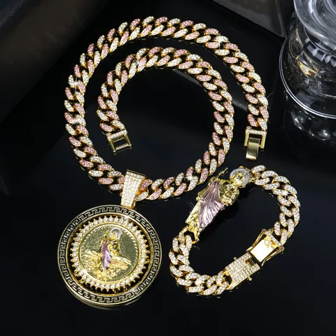 Hiphop Iced Out St Jude Rotating Pendant Necklace And Bracelet Set Zinc Alloy Rhinestone Religious Jewelry Set For Men Women