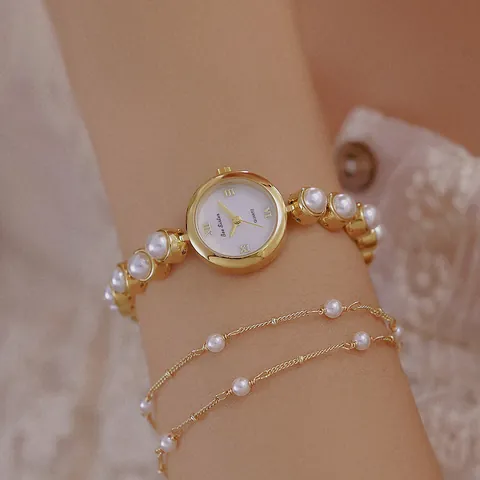 Bee Sister Damen Quarzuhr Vintage Leichter Luxus Legierung Künstliche Perle Armbanduhr Römische Zahlen Wasserfest