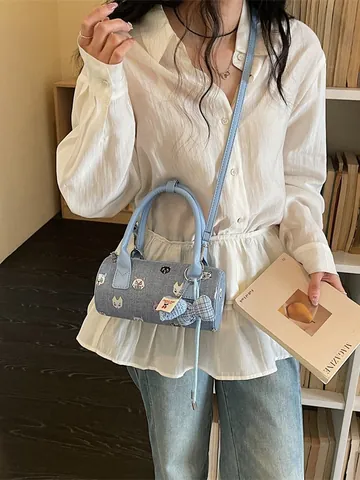 Cartoon Cat Print Barrel Bag For Women Trendy Fabric Handbag With Heart Pendant Single Shoulder Crossbody Bag For Daily Travel