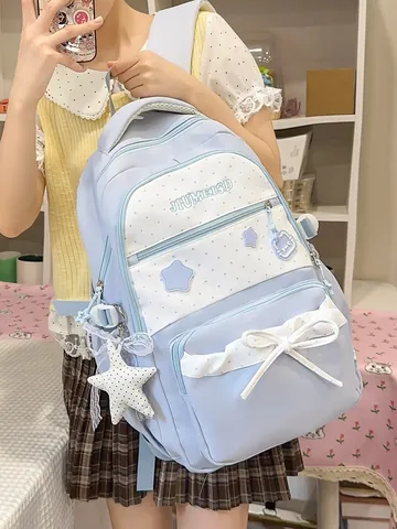 Korean Style Large Capacity School Backpack For Girls Teens Nylon Waterproof Star Print Lightweight Casual Cute Daypack