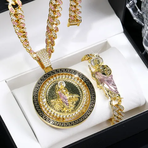 Hiphop Iced Out St Jude Rotating Pendant Necklace And Bracelet Set Zinc Alloy Rhinestone Religious Jewelry Set For Men Women