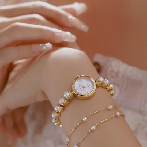 Bee Sister Damen Quarzuhr Vintage Leichter Luxus Legierung Künstliche Perle Armbanduhr Römische Zahlen Wasserfest