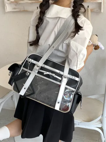 Japanese Kawaii Ita Bag Women Clear Window Display Tote Bag PU Leather JK Uniform Shoulder Bag Anime Style Large Capacity Handbag