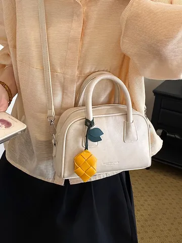 Fashion PU Leather Pillow Bag Women Elegant Boston Shoulder Crossbody Bag With Woven Fruit Charm Exquisite Stitching Daily Satchel