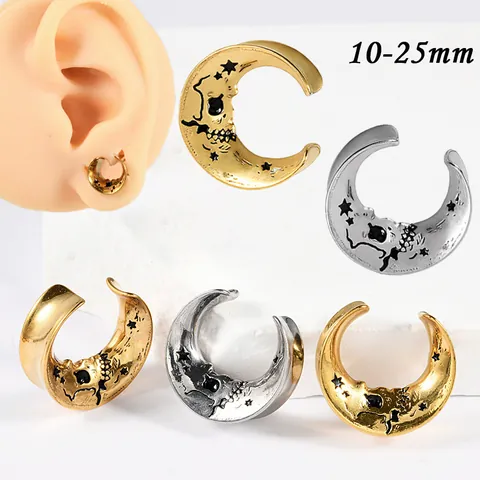 Élargisseurs d'Oreilles en U en Acier Inoxydable avec Visage de Fantôme et Lune Gothique Punk Unisexe Accessoire de Piercing