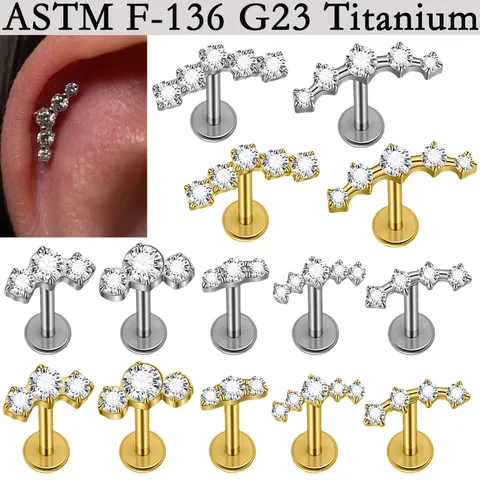 Piercing Labret in Titanio G23 con Filettatura Interna ASTM F136 Mezzaluna Zirconia Anello per Labbra Orecchino Gioiello Piercing