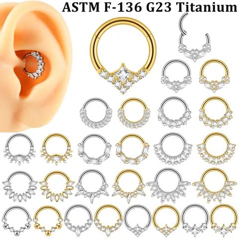 Solid G23 Titanium ASTM F-136 Septum Clicker Zirconia Nose Ring Marquise Heart Square Ear Cartilage Piercing Jewelry For Men Women