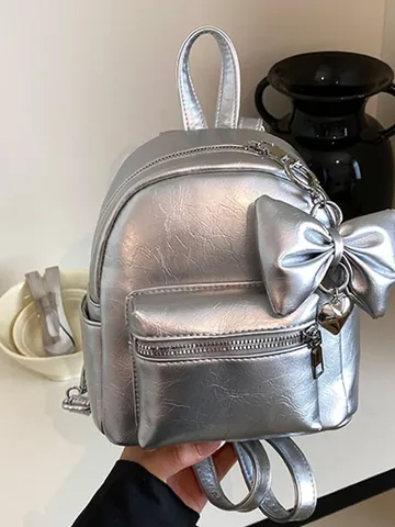 Fashion Women Mini PU Leather Backpack Trendy Metallic Bow Knot Pendant Small Travel Bag Student Schoolbag Casual Handbag