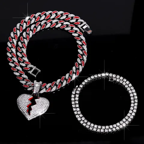 Hiphop Alloy Rhinestone Broken Heart Pendant Necklace Set For Men Women Gold Silver Plated Enamel Drip Oil Cuban Chain Hiphop Jewelry