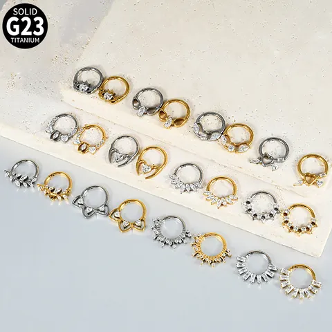 G23 Titanium Zirconia Septum Clicker Neusringen Voor Dames Heren Kroon Hart Blad Piercing Sieraden Goud Zilver Split Lichaamsring