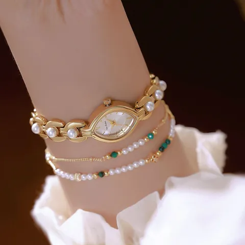 Reloj de Cuarzo Vintage para Mujer Correa de Aleación con Perlas Artificiales Lujo Ligero Strass Esfera de Rombo Elegante