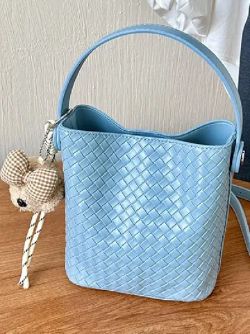 Femmes Sac Seau en Cuir PU Tissé Vintage Décontracté Sac Bandoulière Main
