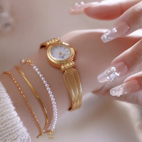 Reloj Joya de Lujo Vintage para Mujer BS Bee Sister Con Correa de Malla de Trigo Strass Elegante Reloj de Cuarzo