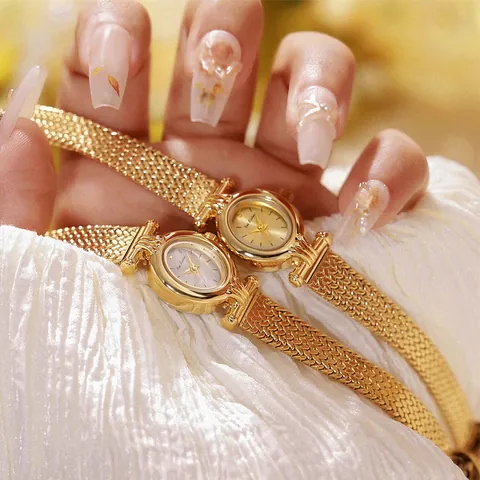Reloj de Cuarzo para Mujer Lujo Vintage Banda de Aleación de Espiga de Trigo Incrustado de Strass Elegante Reloj de Pulsera Ovalado