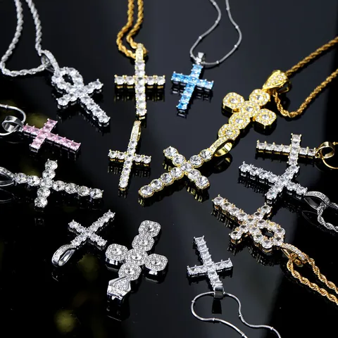Hip Hop Legierung Strass Kreuz Anhänger Halskette Trendy Iced Out Anch Kreuz Schmuck Mit Kordelkette Für Party Unisex