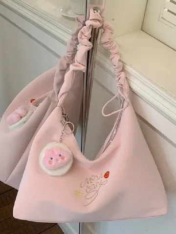 Women Large Capacity Pleated Shoulder Bag 2026 Spring New Fresh Sweet PU Leather Hobo Crossbody Bag With Strawberry Embroidery Ruffled Handle Casual Daily Tote Bag