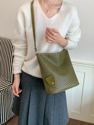 Dames Retro Gevlochten Schoudertas Grote Capaciteit PU Leer Bucket Tas Koreaanse Casual Okseltas Crossbodytas Mode Hobo Tas