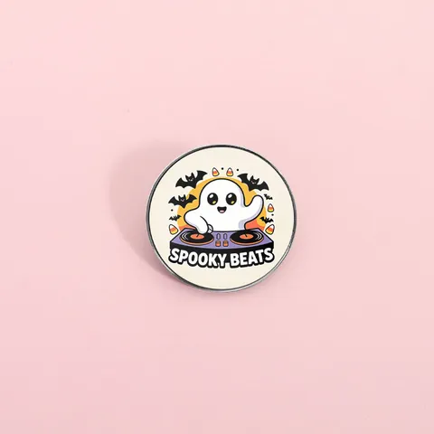Retro Halloween DJ Ghost Metal Pin Zinc Alloy Enamel Spooky Beats Brooch Funny Badge Bat Candy Sunset Lapel Pin Jewelry