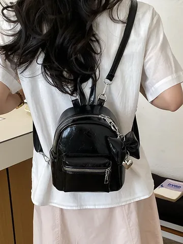 Fashion Women Mini PU Leather Backpack Trendy Metallic Bow Knot Pendant Small Travel Bag Student Schoolbag Casual Handbag