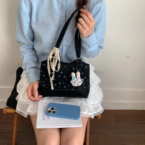 Women Fashion Polka Dot Shoulder Bag PU Leather Tote Handbag With Lace Ribbon And Cute Bunny Pendant Daily Commuting Bag