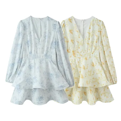 Women's Fashion Sweet Slim Fit V-Neck Long Sleeve Polyester Floral Print Waist-Cinching Tiered Cake Dress For Summer Casual Dating