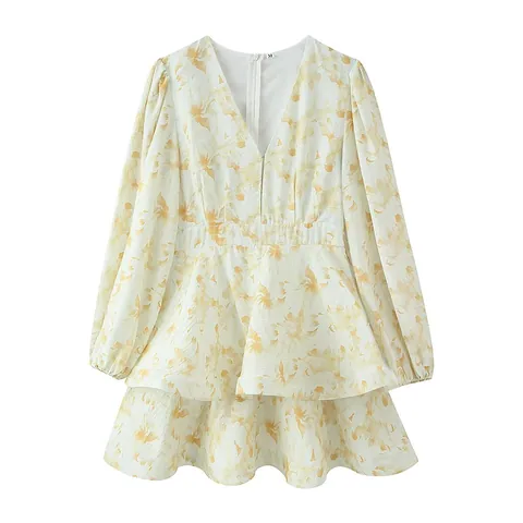 Women's Fashion Sweet Slim Fit V-Neck Long Sleeve Polyester Floral Print Waist-Cinching Tiered Cake Dress For Summer Casual Dating