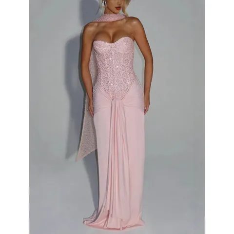Women Sexy Sequin Bandeau Maxi Dress High Waist Bodycon Splicing Party Evening Gown Long Bodycon Dress For Banquet Wedding