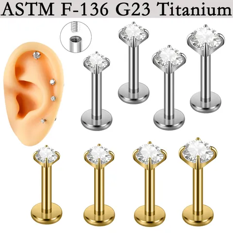 G23 Titanium Intern Schroefdraad Labret Lipring Stud Goud Zilver Rond Zirconia Vier-Poot Oorkraakbeen Piercing Body Sieraden