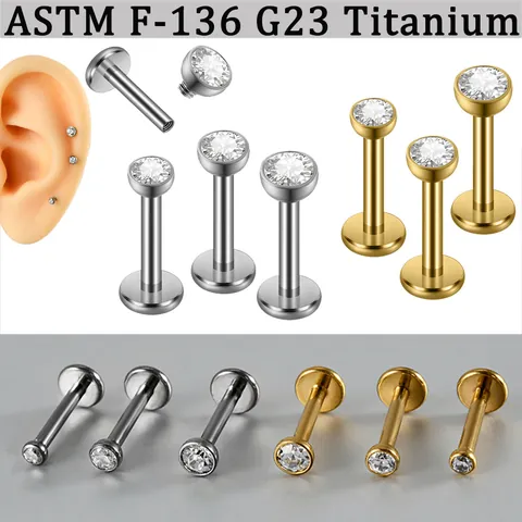G23 Titanium Internally Threaded Labret Stud Round Zirconia Ear Cartilage Piercing Jewelry Gold Silver Piercing Lip Stud