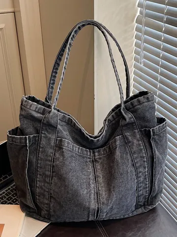 Women Large Capacity Denim Tote Bag Vintage Washed Canvas Shoulder Bag Korean Style Casual Commuter Shopper Handbag With Multi Pockets