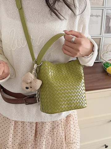 Femmes Sac Seau en Cuir PU Tissé Vintage Décontracté Sac Bandoulière Main
