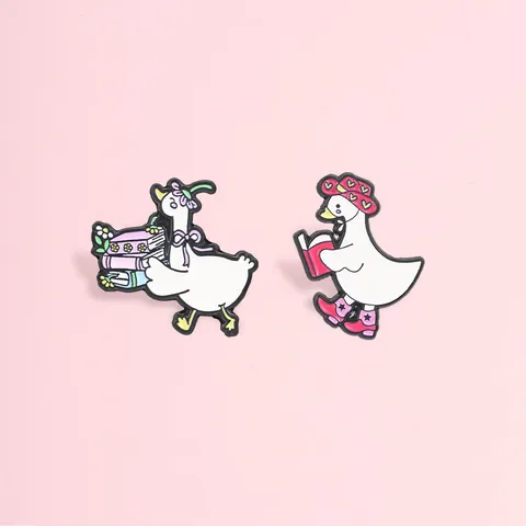 Cartoon Reading Big White Goose Enamel Brooch Pin Fun Animal Metal Badge With Pink Hat Star Boots For Clothing Decor Jewelry Gift