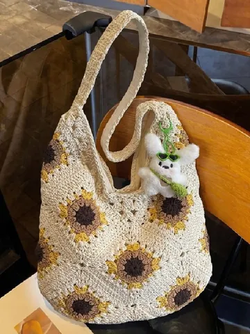 Women Large Capacity Woven Fabric Tote Bag Summer Beach Holiday Style Crochet Shoulder Bag Handbag With Rabbit Pendant