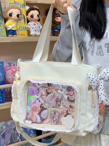 Women Large Capacity Ita Bag Lace Trim Transparent Window Tote Bag Shoulder Crossbody Bag Japanese Style School Bag