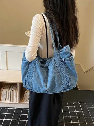 Women Large Capacity Denim Tote Bag Vintage Washed Canvas Shoulder Bag Korean Style Casual Commuter Shopper Handbag With Multi Pockets