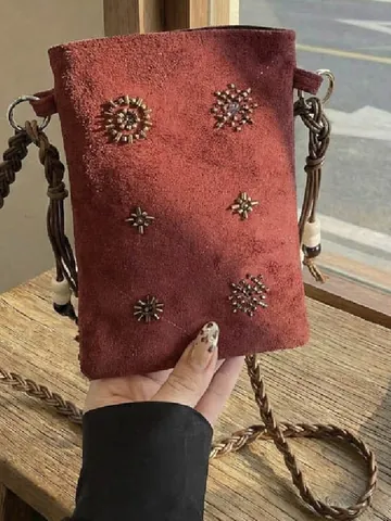 Retro Velvet Beaded Crossbody Phone Bag For Women Bohemian Braided Strap Mini Shoulder Bag Small Square Pouch For Daily Travel