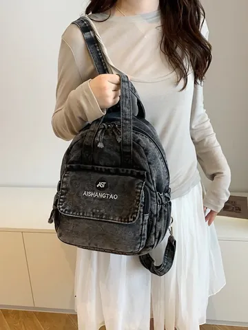 Women Fashion Denim Backpack Small Casual Multi Layer Washed Denim Shoulder Bag Lightweight Backpack For Travel Daily Use