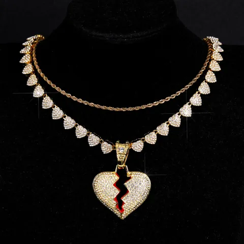 Hiphop Alloy Rhinestone Broken Heart Pendant Necklace Set For Men Women Gold Silver Plated Enamel Drip Oil Cuban Chain Hiphop Jewelry